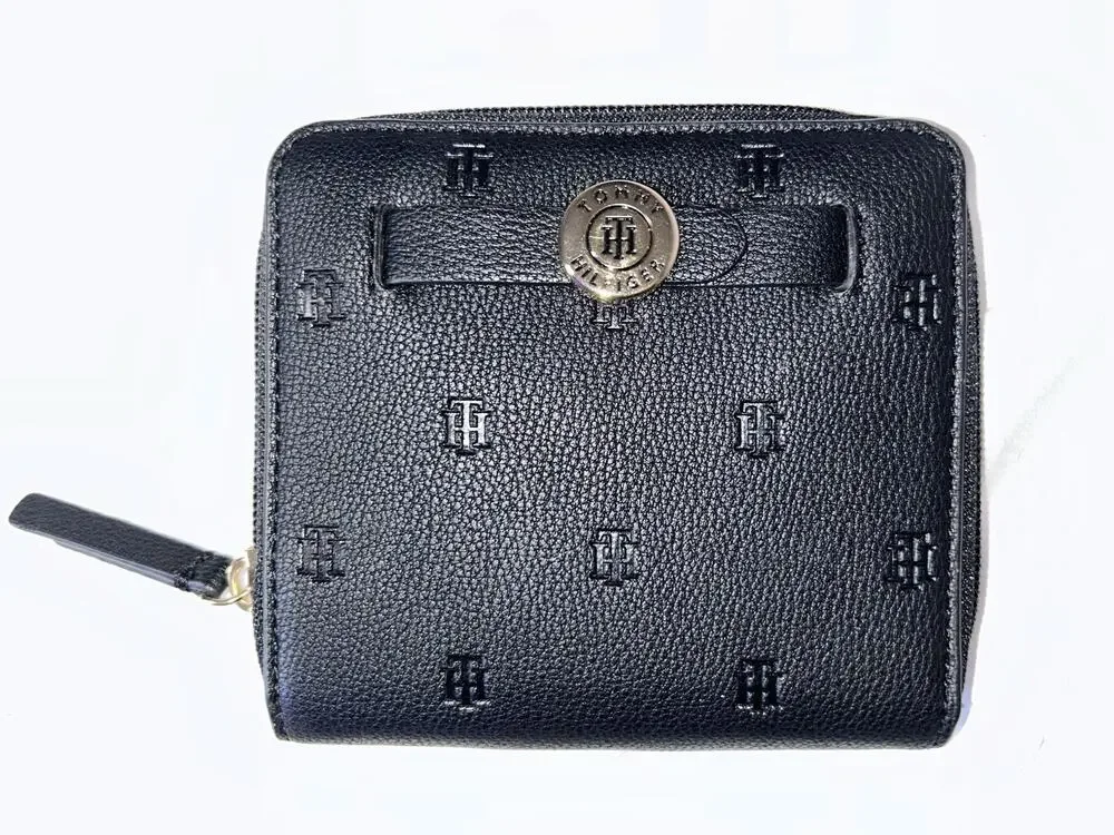 Tommy Hilfiger monogram embossed zip wallet with a gold-tone logo Black Leather